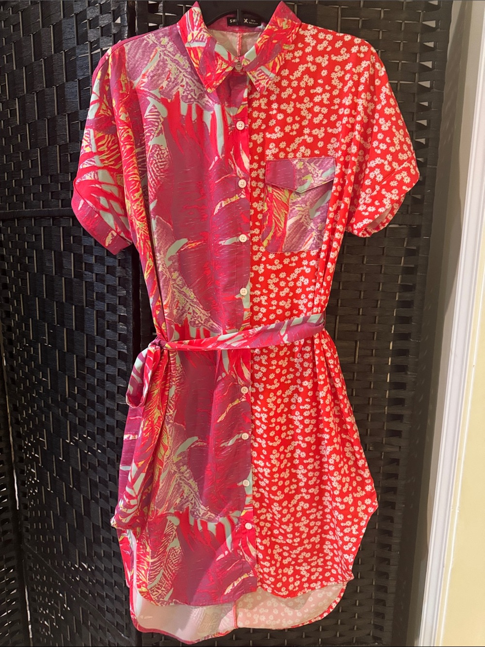 Red & Pink Mixed-Print Button-Front Shirt Dress